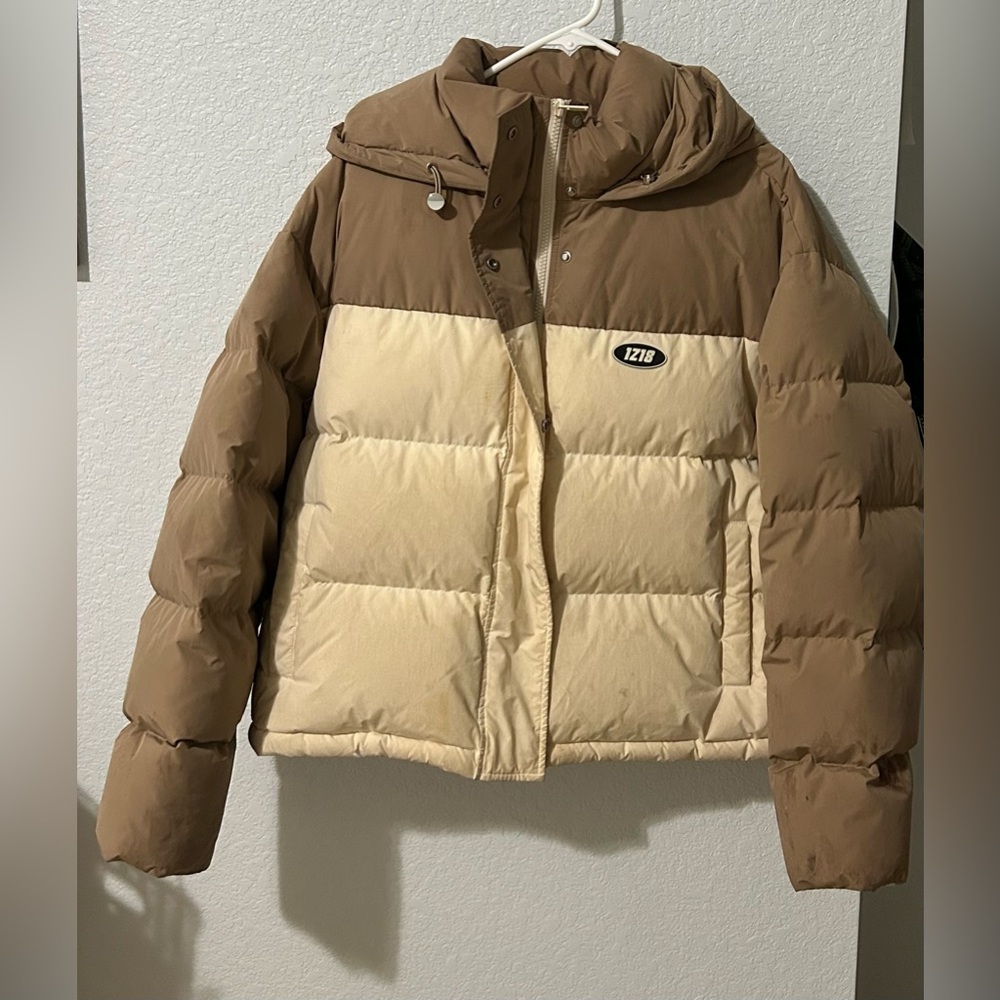 Brown and Cream Women's Puffer Jacket